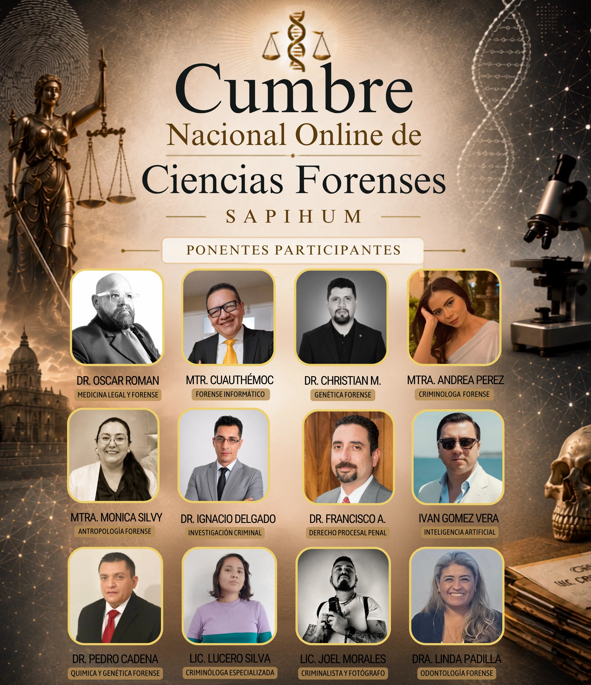 Cartel oficial de la Cumbre Nacional Online de Ciencias Forenses SAPIHUM con los ponentes participantes