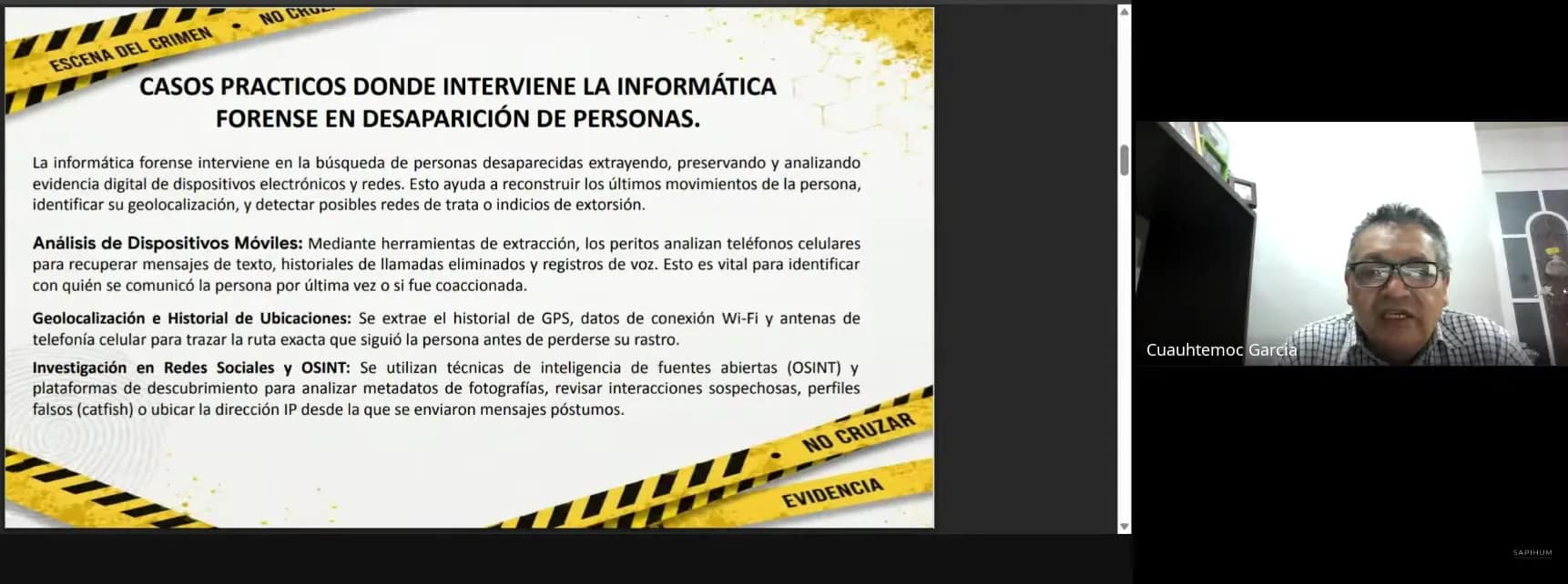 Mtro. Cuauhtémoc García durante la Cumbre Nacional Online de Ciencias Forenses SAPIHUM